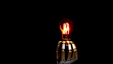 Cyborg-hand-gives-light-bulb-to-viewer,-symbol-of-creation-idea-by-artificial-intelligence.-Black-background,-60-fps-animation