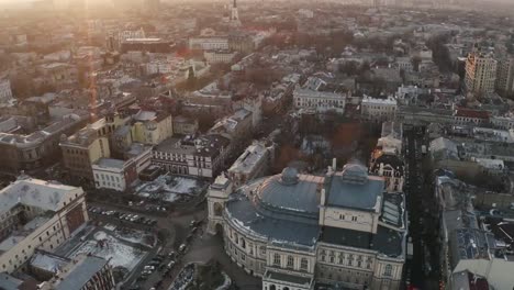 Aerial-view-on-Odessa-opera-and-ballet-theater-during-winter-time-at-sunset