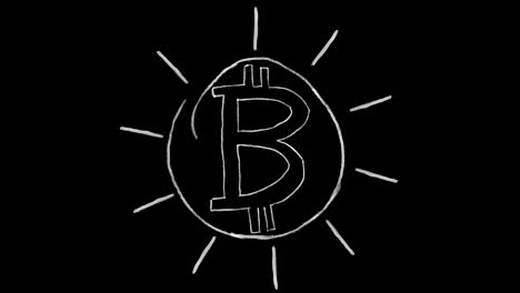 Animiertes-Bitcoin-Symbol,-Kreideschlag-auf-schwarzem-Hintergrund,-ideal-zum-Compoting,-als-Maske,-ideal-für-Daten,-Business,-Finanzen-und-Internet