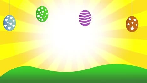 Beautiful-cartoon-style-Happy-Easter-text-with-animated-hanging-colorful-easter-eggs-in-4k.-Cartoon,-Holiday-theme-animated-background.