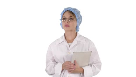 Woman-doctor-holding-tablet-and-walking-on-white-background