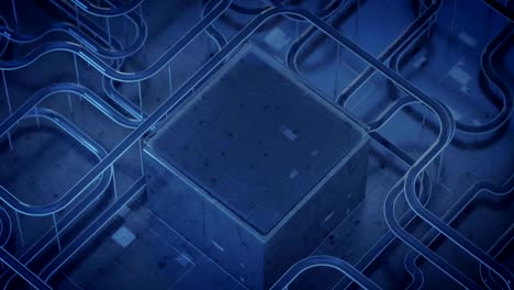 Blue-cube-and-netowrk-of-specular-tubes-seamless-loop-3D-render-animation