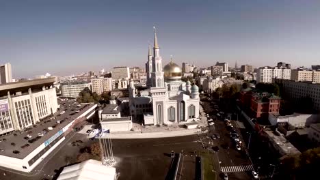 Aerial-shot-of-Moscow-Cathedral-Mosque.-New-religion-construction-in-Russia.-Largest-in-Europe.-Unique-aerial-quadcopter-footage.-Moscow-Cathedral-Mosque,-Russia.-The-main-mosque-in-Moscow,-new-landmark.