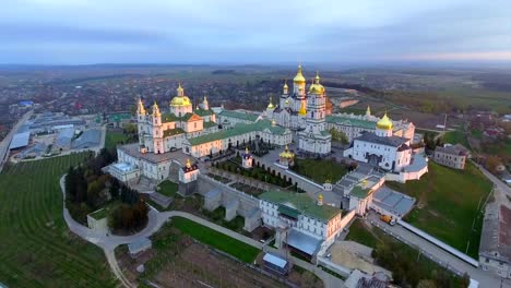 Aerial-view-of-Pochaev-Monastery,-Pochayiv-Lavra,-Ukraine.