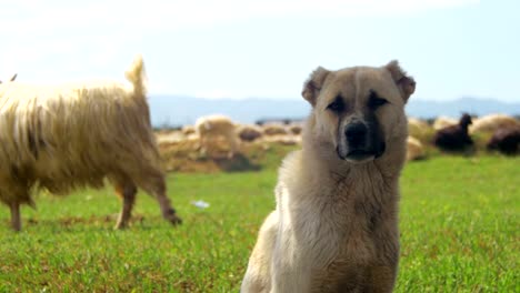 Hund-Schäferhund-weidenden-Schafen-im-Feld