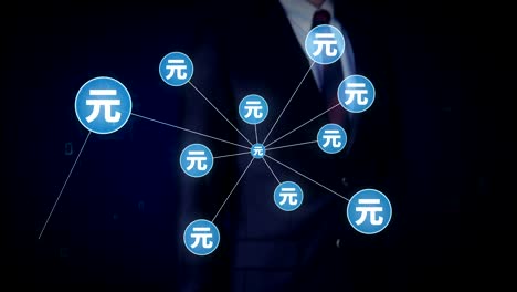 Empresario-tocar-símbolo-de-moneda-Yuan,-numerosos-puntos-se-reúnen-para-crear-una-moneda-de-libra-muestra,-puntos-hace-mundial-mapa,-internet-de-las-cosas.-tecnología-financiera