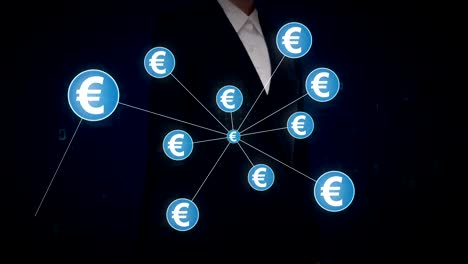 Businesswoman-touching-Euro-currency-symbol,-Numerous-dots-gather-to-create-a-Pound-currency-sign,-dots-makes-global-world-map,-internet-of-things.-financial-technology