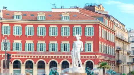 Fountain-"The-Sun"-Fountain-du-Soleil-with-a-marble-statue-of-Apollo-timelapse.-France,-Nice