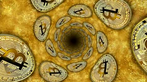 Virtual-coins-Bitcoins-in-spiral-movement-on-the-old-gold-surface