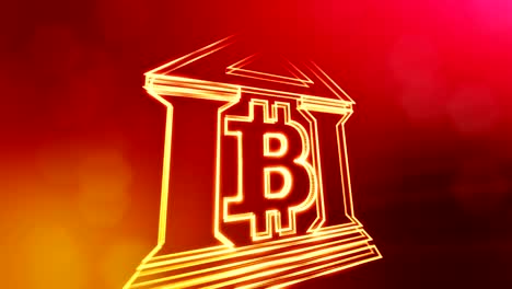 Signo-de-bitcoin-insignia-dentro-del-edificio-del-Banco.-Fondo-financiero-hecho-de-partículas-de-brillo-como-holograma-vitrtual.-Animación-loop-3D-brillante-con-la-profundidad-de-campo,-bokeh-y-copia...-Fondo-rojo-v1.