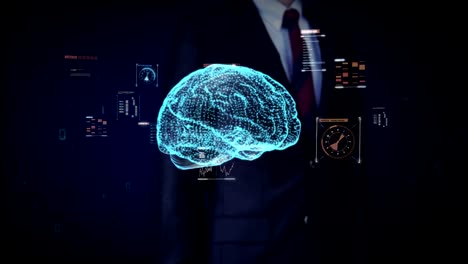 Businessman-touching-digital-brain,-Dots-connected-Brain-shape,-digital-lines-in-digital-display-interface,-grow-future-artificial-intelligence.