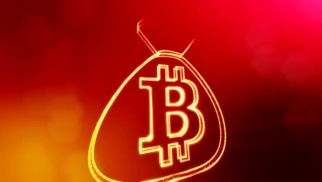 Bitcoin-Logo-auf-der-Tasche.-Finanzkonzept.-Finanzieller-Hintergrund-aus-Glühen-Teilchen-als-Vitrtual-Hologramm.-Glänzende-nahtlose-3D-Animation-mit-Tiefe-von-Feld,-Bokeh-und-Kopie-Raum.-Rote-Farbe-v2