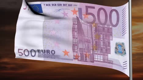 500-euros-bandera-de-animación-en-3d-sobre-fondo-puesta-de-sol