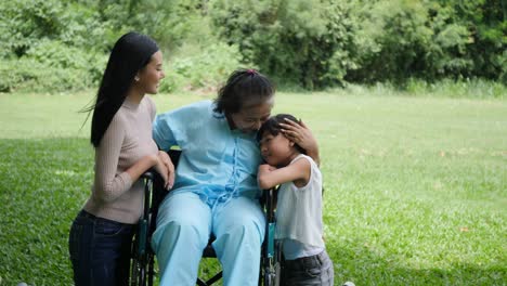 Grandmother-sitting-on-wheelchair-with-daughter-and-granddaughter-enjoy-in-the-park-together