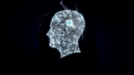 Businessman-touching-CPU-chip-circuit-board,-connected-human-head-shape,-4K-movie.grow-artificial-intelligence.