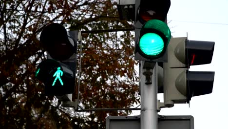 Ampel.-Ampeln-arbeiten-in-einer-großen-Stadt-am-Scheideweg.-Slow-Motion.