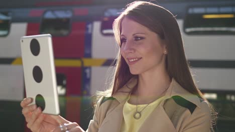 Pretty-Caucasian-woman-communicating-by-sending-text-messages-on-digital-tablet