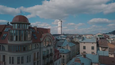 Aerial-City-Lviv,-Ukraine.-European-City.-Popular-areas-of-the-city.-Rooftops