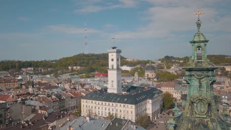 Aerial-City-Lviv,-Ukraine.-European-City.-Popular-areas-of-the-city.-Town-Hall