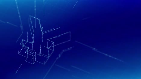 Währung-JPY-(Japanischer-Yen)-isometrische-Symbol-Partikellinie-Beleuchtung-Rahmen-Struktur-Muster-Drahtbild-futuristisch,-Digital-Geld-Kryptowährung-Konzept-auf-blauem-Hintergrund-Animation-4K