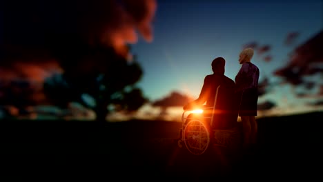 Senior-couple-enjoying-sunrise-on-green-meadow-with-oak-tree,-timelapse-clouds