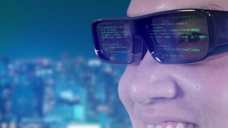 Man-and-smart-glasses-gadget-VR-computer-coding-screen,-IoT-technology-online-AI-futuristic-background,-future-lifestyle.