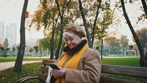 Gray-haired-woman-typing-message-on-mobile-phone-and-smiling-while-sitting-on-wooden-bench-in-autumn-city-park