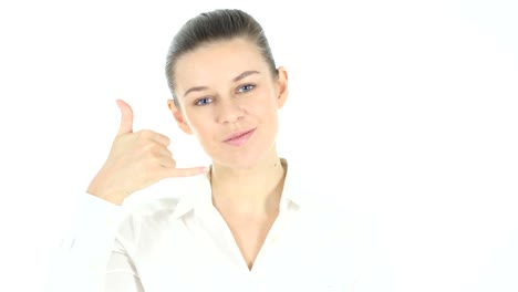 Call-Us-Gesture-by-Woman-on-White-Background