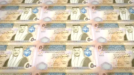 Banknoten-von-fünfzig-Jordanische-Dinar-von-Jordanien-Rollen,-Bargeld,-Schleife