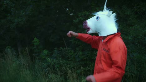 4K-Halloween-Mann-mit-Einhorn-Pferd-Maske-tanzen