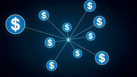 Símbolo-de-moneda-de-dólar,-numerosos-puntos-se-reúnen-para-crear-un-signo-de-moneda,-puntos-hace-mundial-mapa,-internet-de-las-cosas.-technology.1-financieros.