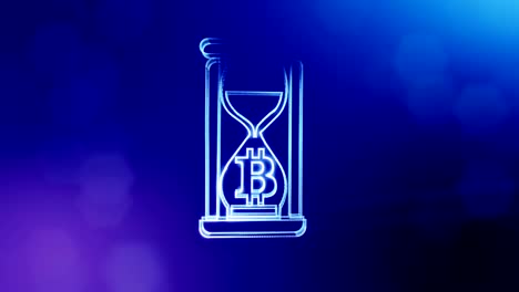 Sign-of-bitcoin-in-hourglass.-Financial-background-made-of-glow-particles-as-vitrtual-hologram.-Shiny-3D-loop-animation-with-depth-of-field,-bokeh-and-copy-space.-Blue-background-1