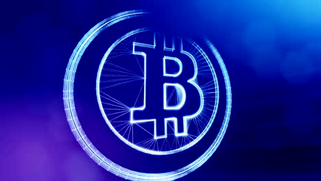 Bitcoin-Logo-im-inneren-Kreise-wie-Münze.-Finanzieller-Hintergrund-aus-Glühen-Teilchen-als-Vitrtual-Hologramm.-Glänzende-Schleife-3D-Animation-mit-Tiefe-Feld,-Bokeh-und-Kopie.-Blauer-Hintergrund-1