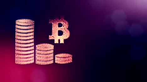 Sign-of-bitcoin-and-stacks-of-coins.-Financial-background-made-of-glow-particles-as-vitrtual-hologram.-Shiny-3D-loop-animation-with-depth-of-field,-bokeh-and-copy-space.-Violet-color-v2