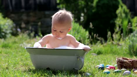 Cute-child,-playing-with-little-bunny-and-easter-eggs-in-a-blooming-garden,-springtime.-Boy-play-with-rabbit,-egg-hunting-for-holiday