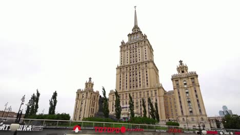 Establishing-low-angle-drone-shot-of-soviet-Stalinist-style-skyscraper-in-Moscow-Russia