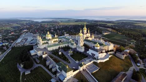 Aerial-view-of-Holy-Dormition-Pochayiv-Lavra,-an-Orthodox-monastery-in-Ternopil-Oblast-of-Ukraine.-Eastern-Europe