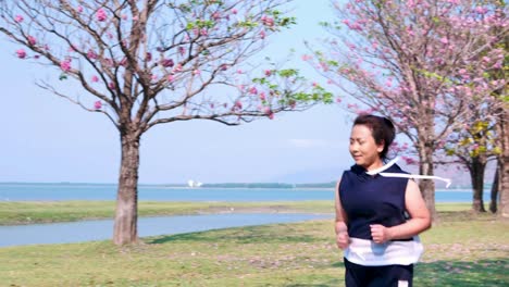 An-Asian-woman-jogging-in-natural-sunlight-in-the-morning.
She-is-trying-to-lose-weight-with-exercise.--concept-health-with-exercise.-Slow-Motion