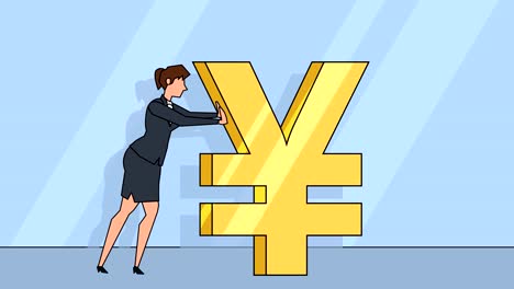 Flat-cartoon-businesswoman-character-pushes-a-yen-sign-money-concept-animation-with-alpha-matte