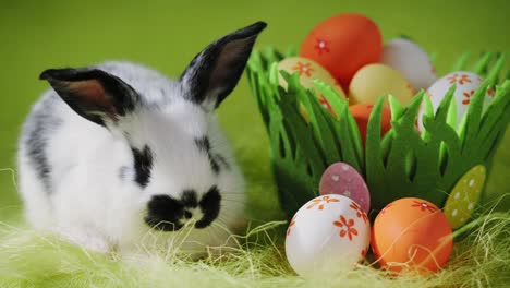 Conejo-de-Pascua-blanco-sentado-cerca-de-canasta-de-hierba-decorativa-con-huevos