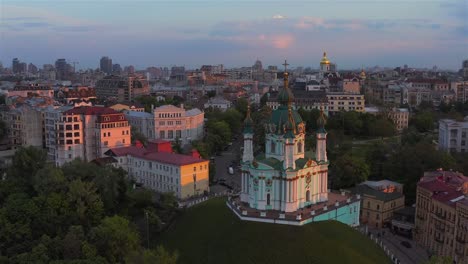 Aerial-view-of-St.-Andrew’s-Church,-historical-center,-Podolsky-district,-Kyiv,-Ukraine