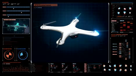 Drone-giratorio-con-interfaz-de-usuario-futurista,-interfaz-de-pantalla-futurista-digital.-Gráfico-virtual.-Película-4k.-2.