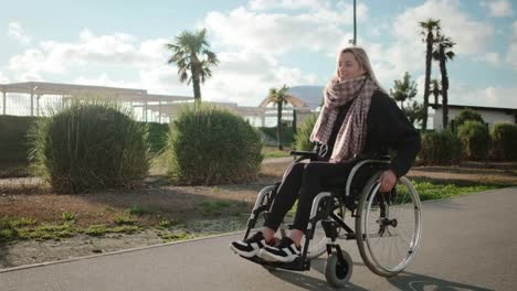 Feliz-joven-mujer-silla-de-ruedas-usuario-está-caminando-en-el-parque-en-el-día-soleado