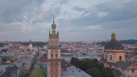 Aerial-City-Lviv,-Ukraine.-European-City.-Popular-areas-of-the-city.-Town-Hall