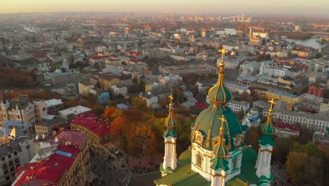 Aerial-view-of-St.-Andrew's-Church-at-sunset,-Kiev