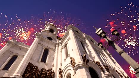 Fireworks-over-the-Christ-the-Savior-Cathedral,-Moscow,-Russia.