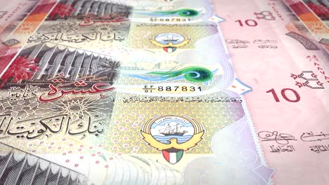 Banknotes-of-ten-kuwaiti-dinar-rolling-on-screen,-cash-money,-loop