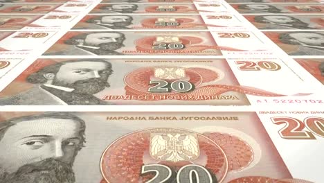 Banknotes-of-twenty-yugoslav-dinar-of-the-bank-of-the-old-Yugoslavia-rolling-on-screen,-coins-of-the-world,-cash-money,-loop