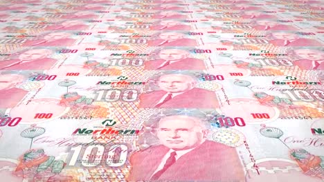 Banknotes-of-one-hundred-pounds-of-Northern-Ireland-rolling,-cash-money