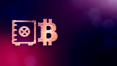 Sign-of-bitcoin-and-safe.-Financial-background-made-of-glow-particles-as-vitrtual-hologram.-Shiny-3D-loop-animation-with-depth-of-field,-bokeh-and-copy-space.-Violet-color-v2